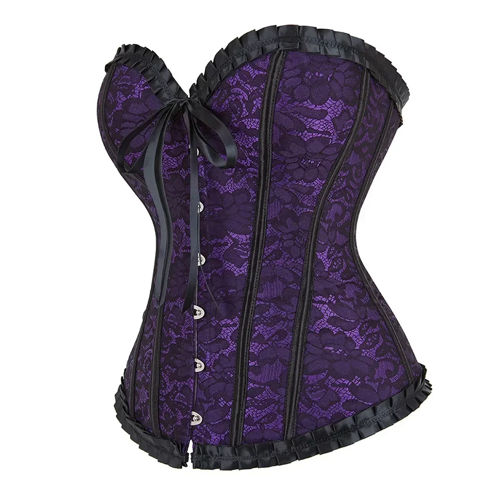 Corset Bustier Top for Women Overbust Flower Lingerie Sexy Corsets Victorian Lace Overlay Vintage Costume Plus Size Red Purple