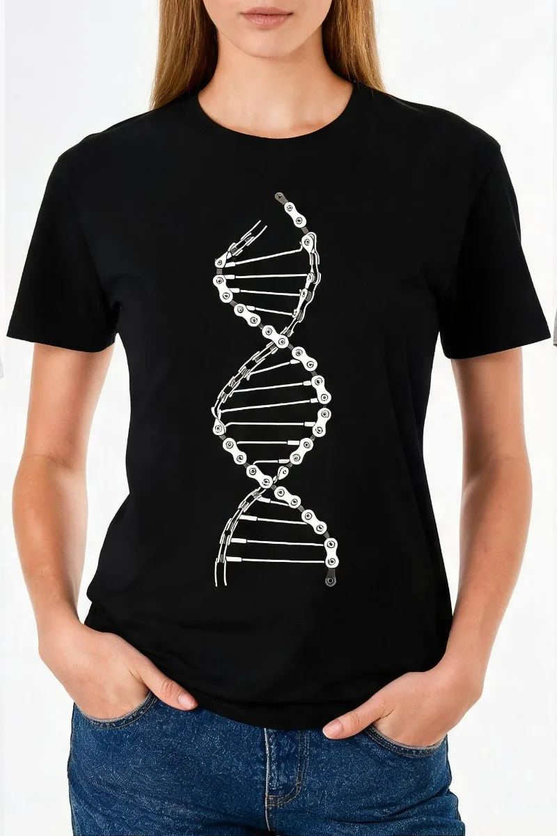 Women Casual Crew Neck Top Bike Chain DNA Helix Print Trendy Cycling Science Street Short Sleeve Tee