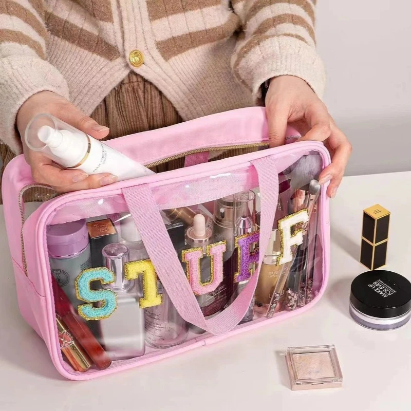 Brand Design Large Capacity Toilet Bag, Hand Held Storage Bag, PVC Waterproof Transparent Bag, Travel Letter Makeup Bag JM04