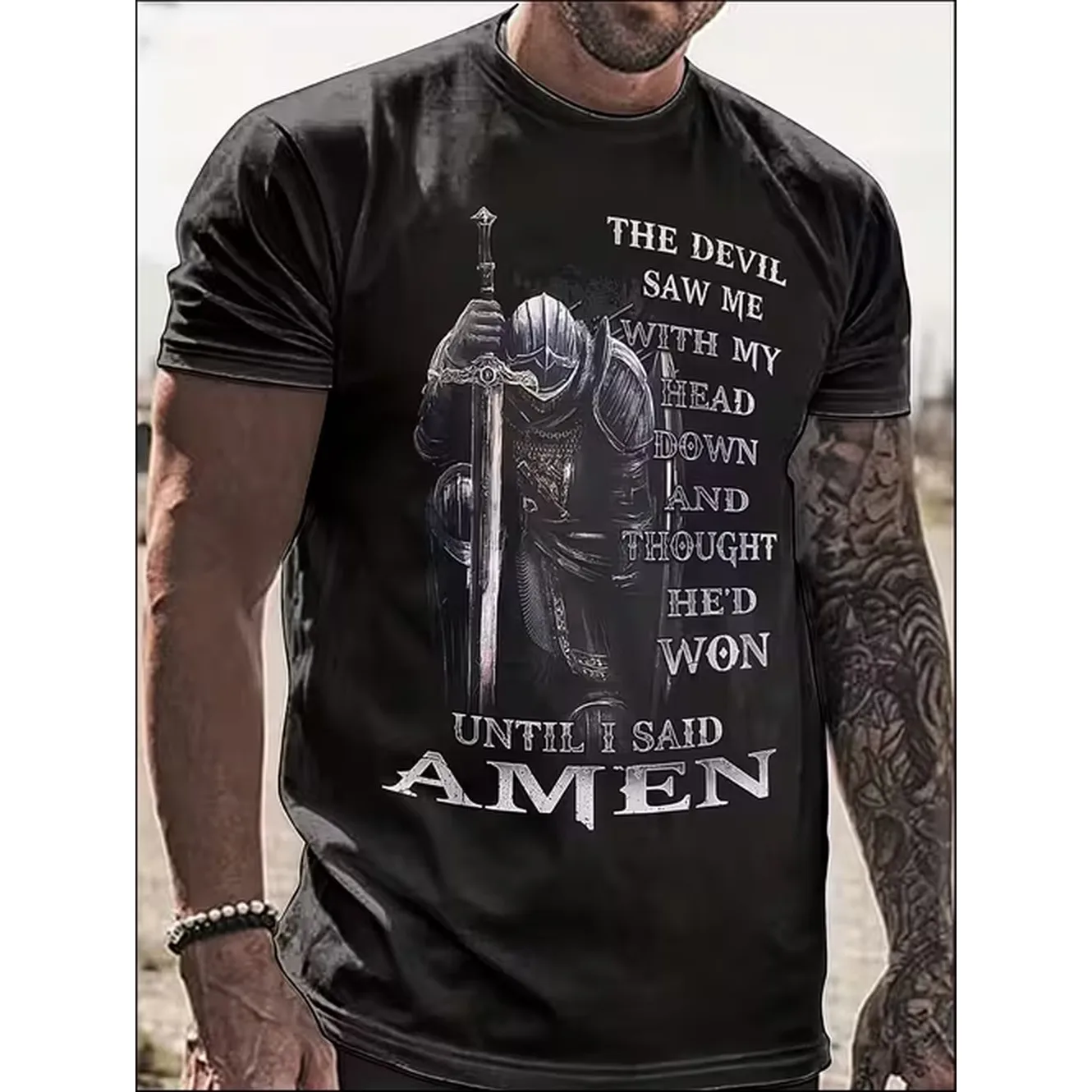 Mens T Shirt With Knight Holding Sword And Text With Down And Hed Won I Amen Pure Cotton Funny Christmas Gift Sleepwear Family Matching Set Usa