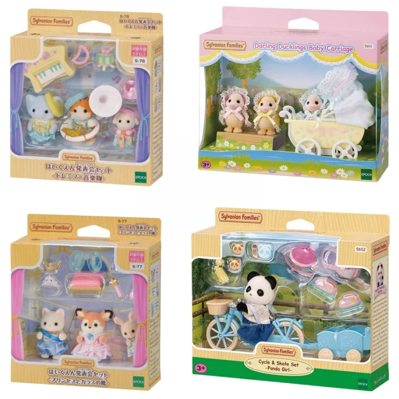 New Sylvanian Families Anime Figures Music Concert Elephant Maple Leaf Cat Box Set Duck Baby Triplet Baby Carriage Set Toys Gift