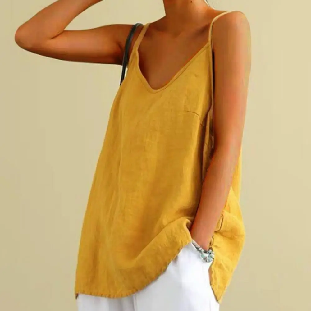 Women\'s Summer Top Cotton Linen Spaghetti Strap Top Women Halter V Neck Basic Yellow Sleeveless Tank Tops Loose Casual Camis топ