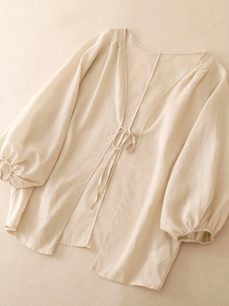 Sun Protection Lightweight Linen Cardigan Women's Summer Thin Style with Strap Long Dress Outerwear Shirt Shoulder Shawl Air ...