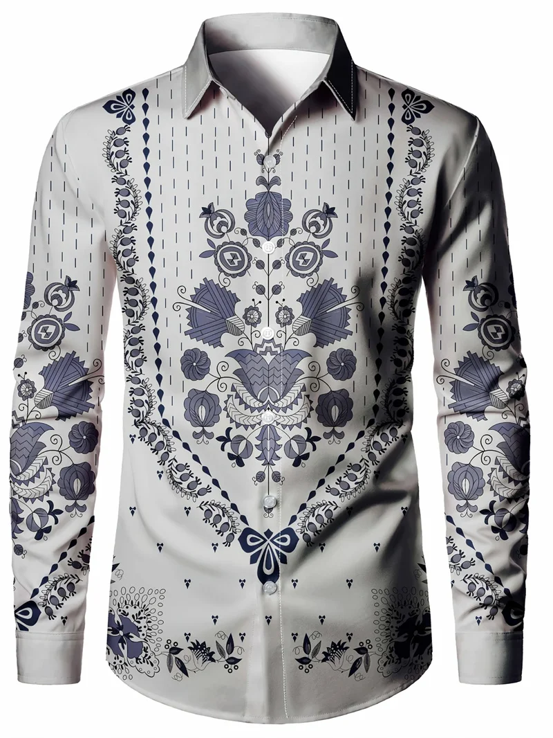 2025 nueva camisa de manga larga de moda Retro para hombre, camisa informal con botones y cuello, camisa estampada étnica para hombre