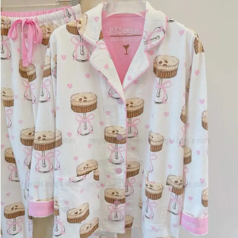 

2025 New Pajamas Suit Cotton 2 Piece Set Women Print Cartoon Nightwear Long Sleeve Trousers Set Autumn Loungewear Home Clothes