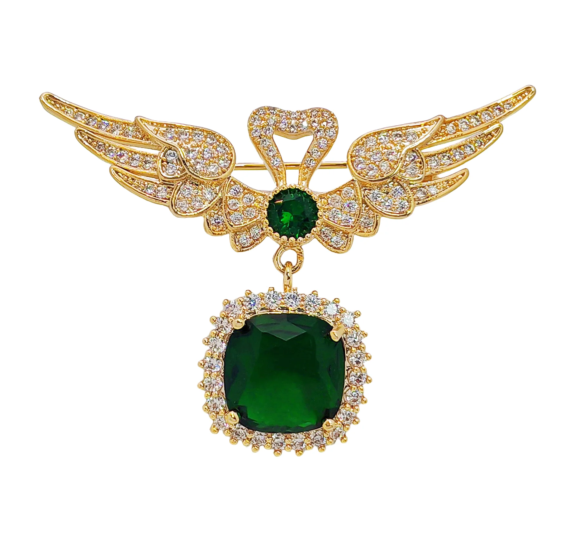 

Angel Wings Brooch with Green Square Pendant – Elegant Gold-Tone Copper Pin – Stylish and Graceful Jewelry for Women