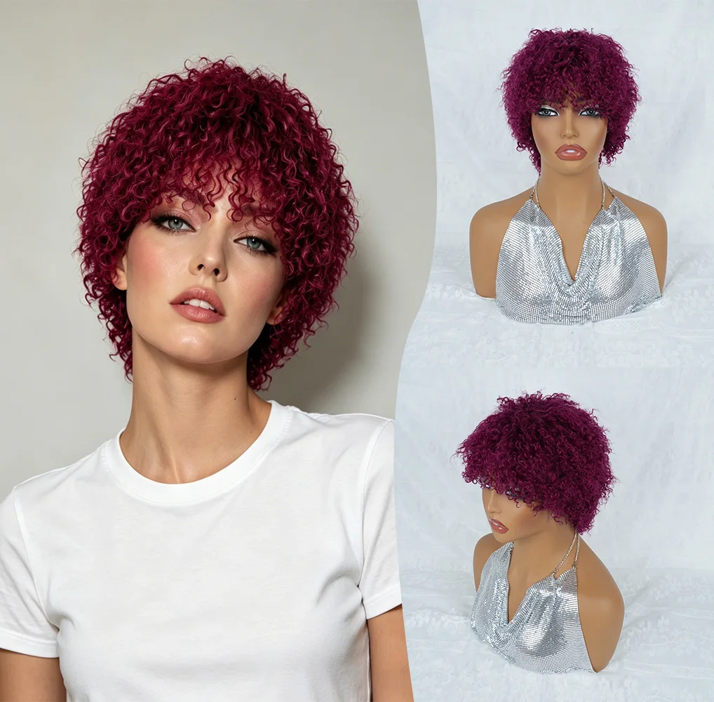 

Short Magenta Kinky Curly Pixie Cut Wig with Bangs Machine Made Soft Bouncy Short Magenta Curly Wig Pixie Cut Human Hair Wig