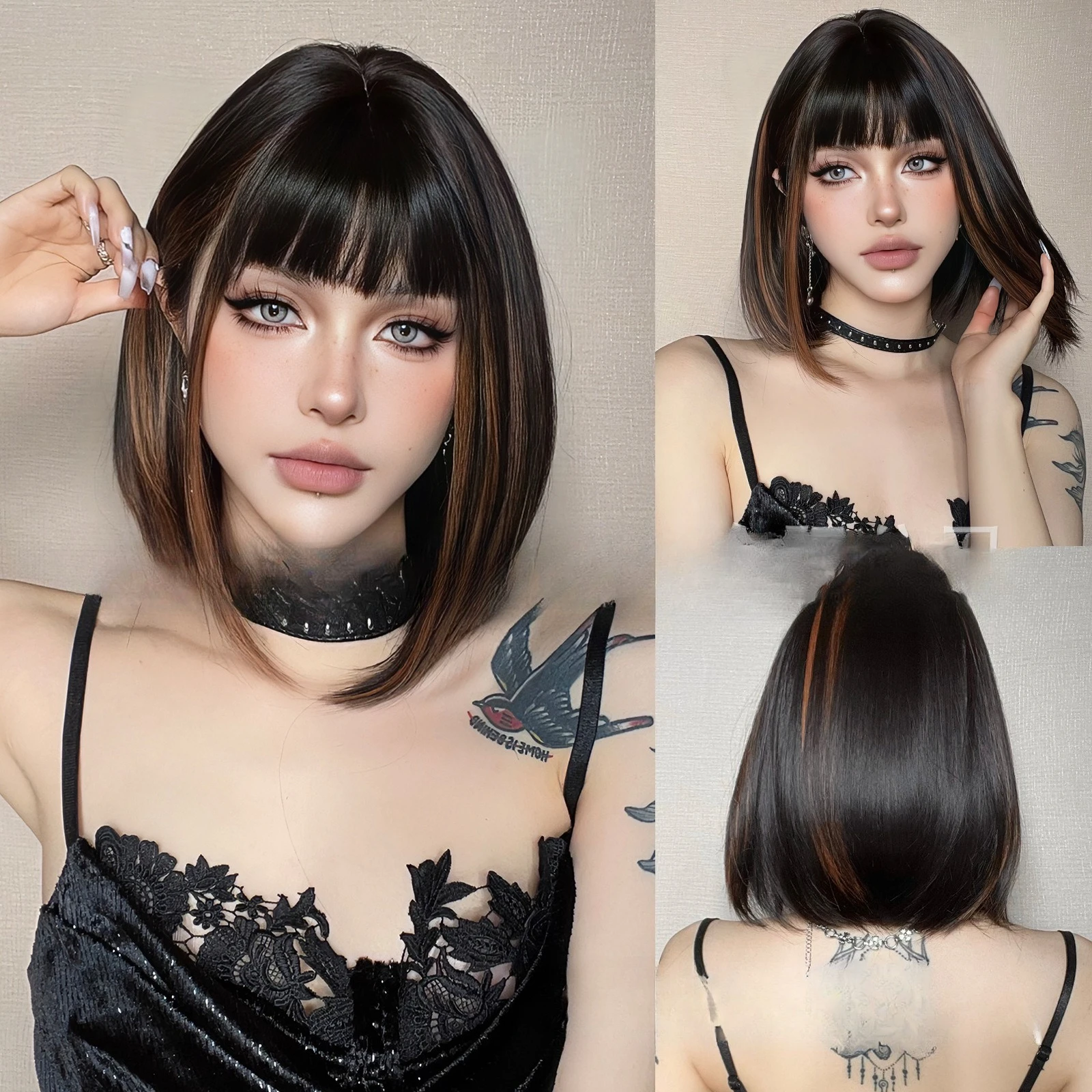 

Wig Brown Highlights Short Straight Hair Qi Bangs Natural Daily Chemical Fiber Wigs