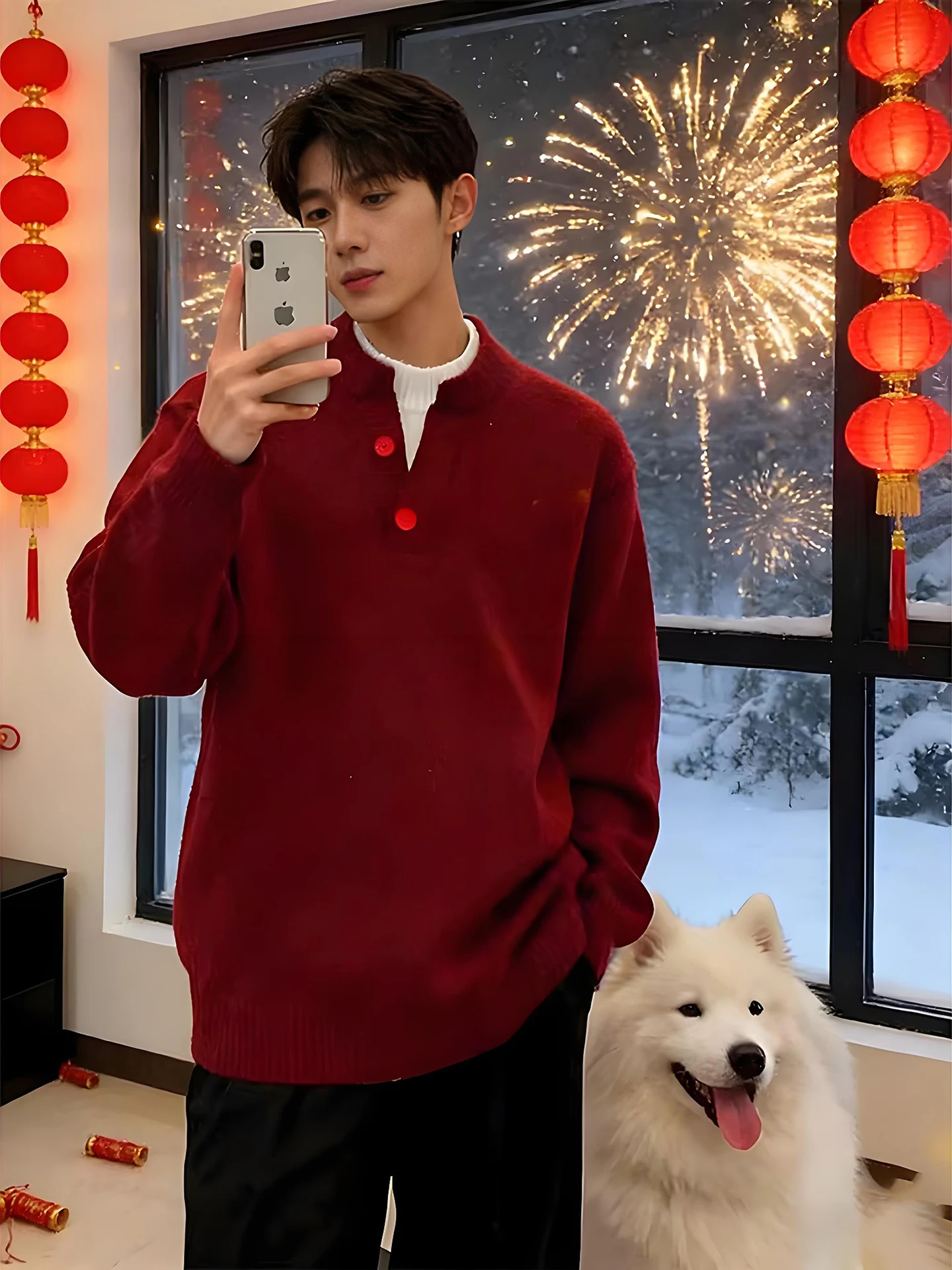 

Красный мужской утепленный вязаный свитер с воротником хенли, базовый слой, весенний сезон, стандартная длина, длинный рукав, однотонный