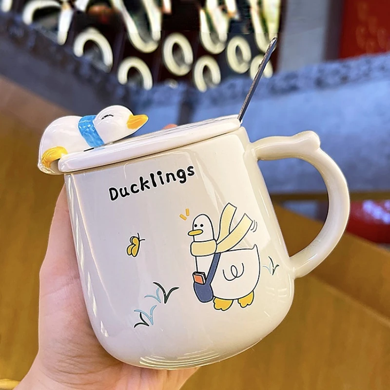 New Swimming Duck Creative Cup Female Cute with Lid Spoon Ceramic Cup Simple Fresh Super Cute Children's Milk Coffee Oatmeal Cup