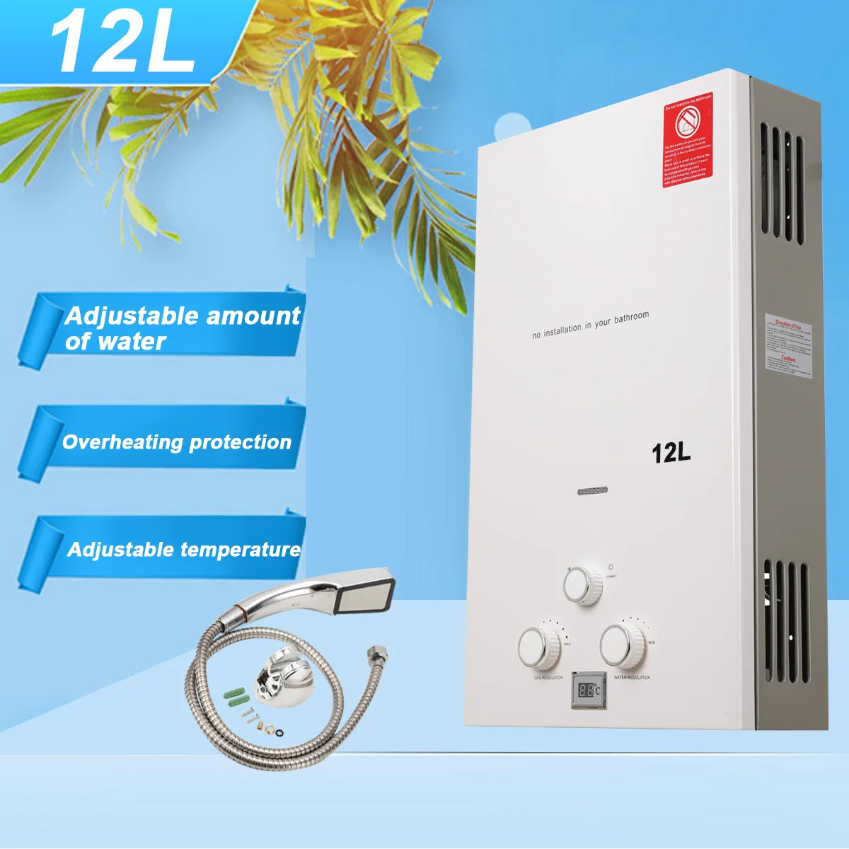 12L LPG Tankless Propana Pemanas Air Gas 24KW Portable Instan Pemanas Air Panas Boiler untuk Berkemah Di Luar Ruangan dengan Kepala Pancuran kit