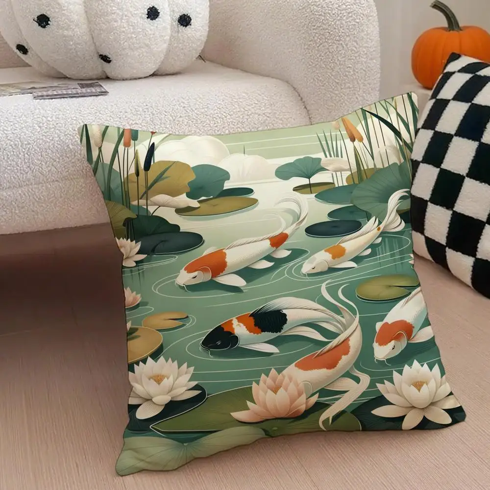 Natural Fun Koi Fish Lotus Art Cushion Cover Throw Pillow Cover Hidden Button Durable Polyester Chair Cushion