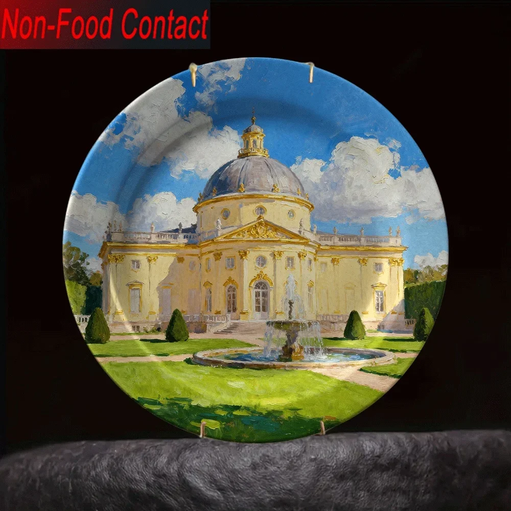 1pc European Decorative Plate - Elegant Design with Golden Dome & Fountain, Non-Food Contact Ceramic Tabletop Decor for Living