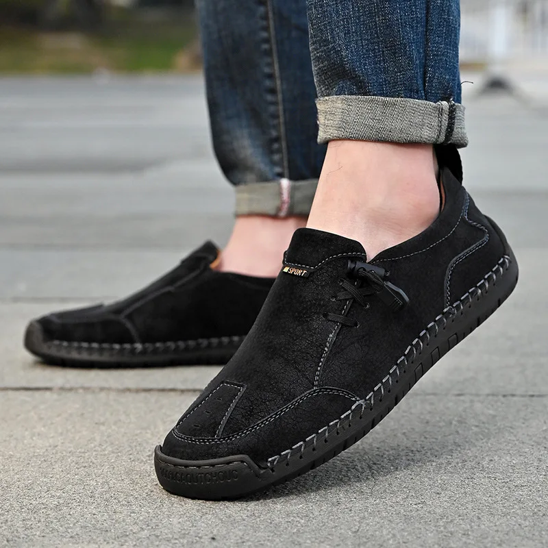 Men Handmade Genuine Leather Loafers Slip On Casual Shoes, Fashion All Match Outdoor Driving Moccasin Shoes Big Size Wide Fit Le