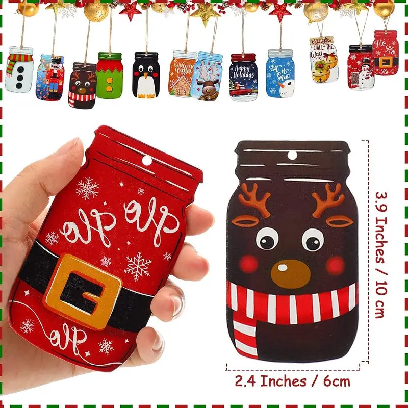 Christmas Tree Ornaments Wooden Mason Jar Shaped Hanging Slices Vintage Winter Decor With Snowman Elk Nutcracker Patterns