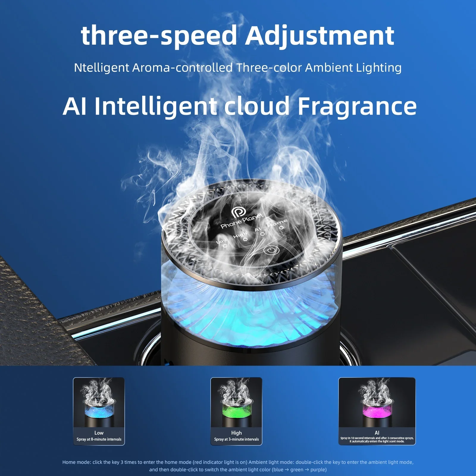 Difusor de Aroma Inteligente para Carro com Quatro Níveis de Aumento de Intensidade, Névoa em Nuvem, Fragrância Natural, Spray Inteligente, Máquina Purificadora de Ar
