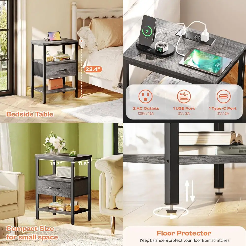 

Grey 3-Tier Adjustable Fabric Nightstand with Charging Station for Bedroom and Living Room