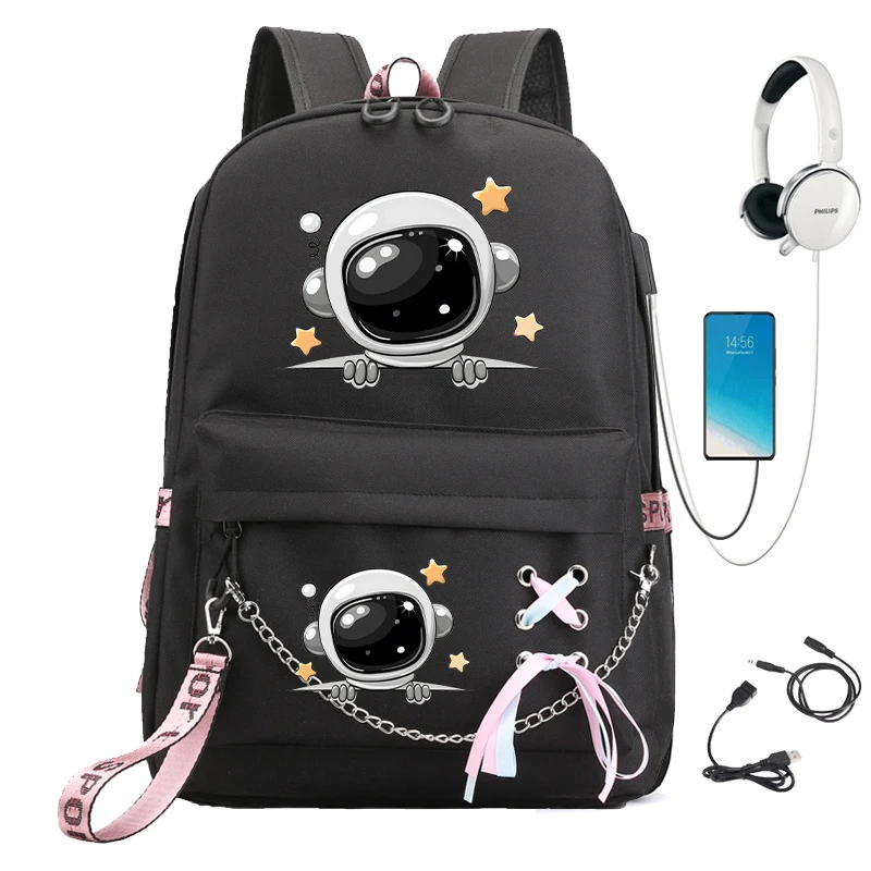 Sac à dos imprimé astronome de dessin animé mignon pour filles, sacs d'école pour étudiants, adolescentes, femmes, sac à dos pour ordinateur portable, chargement USB, sac à dos pour adolescents