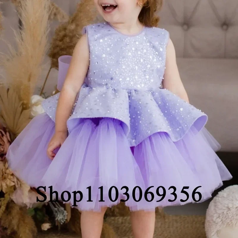 Purple Flower Girl Dresses Tulle Puffy Sequin With Bow Sleeveless Kids Baby Girls Pageant Wedding Birthday Party Holiday Gown