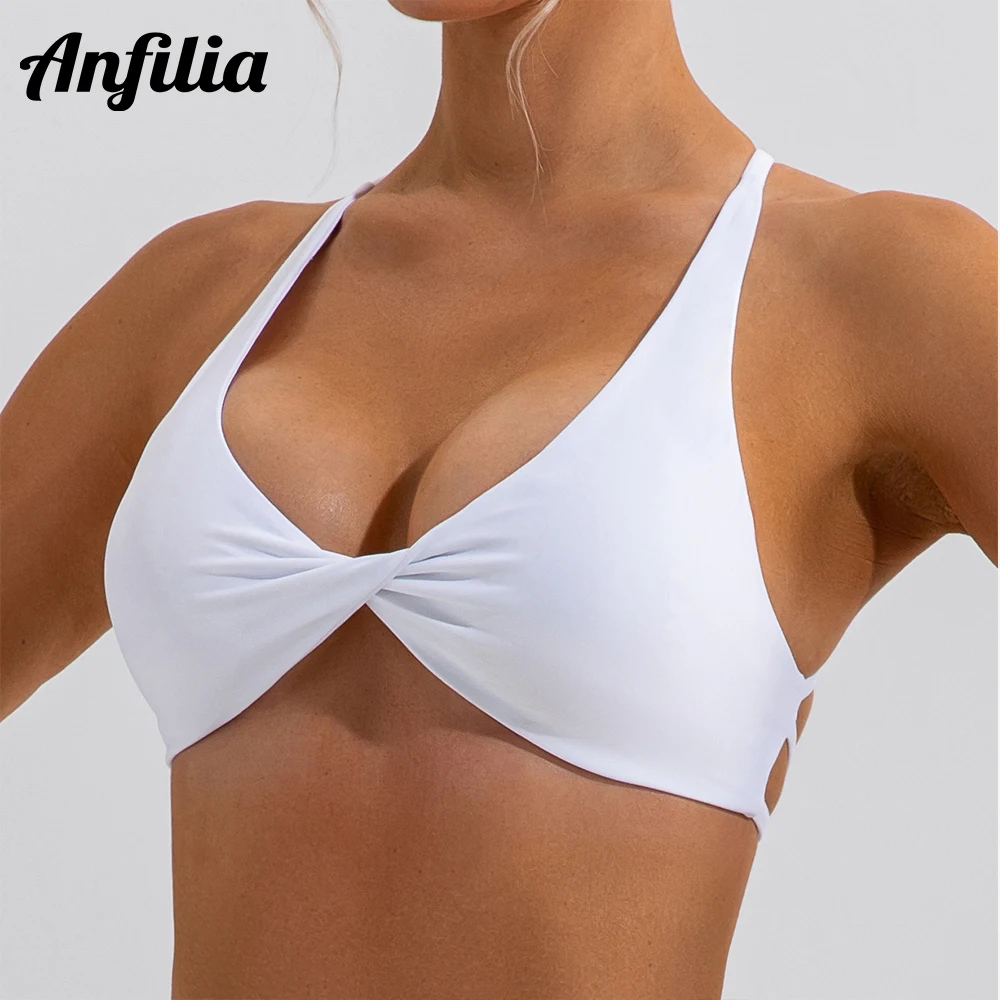 Anfilia Women Sports Bra Sexy Twist Solid Built-in Bras Crisscross High Elastic Straps Fitness Gym Yoga Running Sports Bras