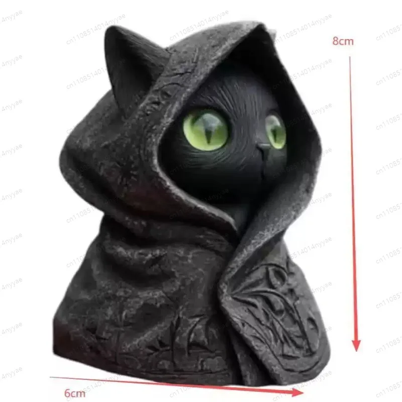 Cat Figurine Home Decor Gothic Black Cat Statue with Hooded Cloak Mysterious Animal Sculpture for Living Room Shelf Desktop