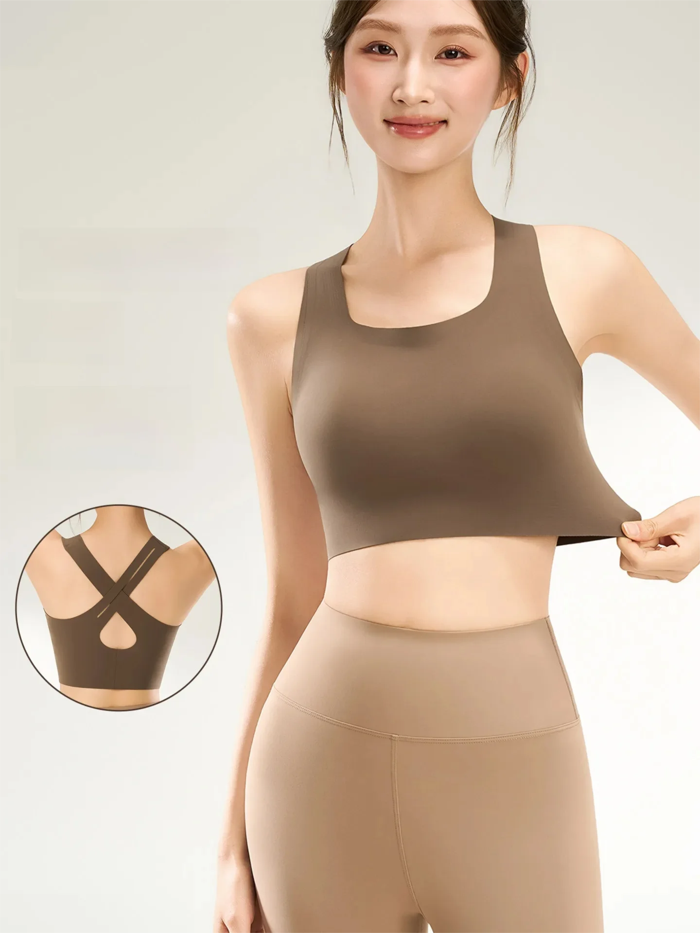 Women High Support Yoga Sports Bra Seamless Tank Top Underarm Coverage No Bra Needed Cross Back Workout Top