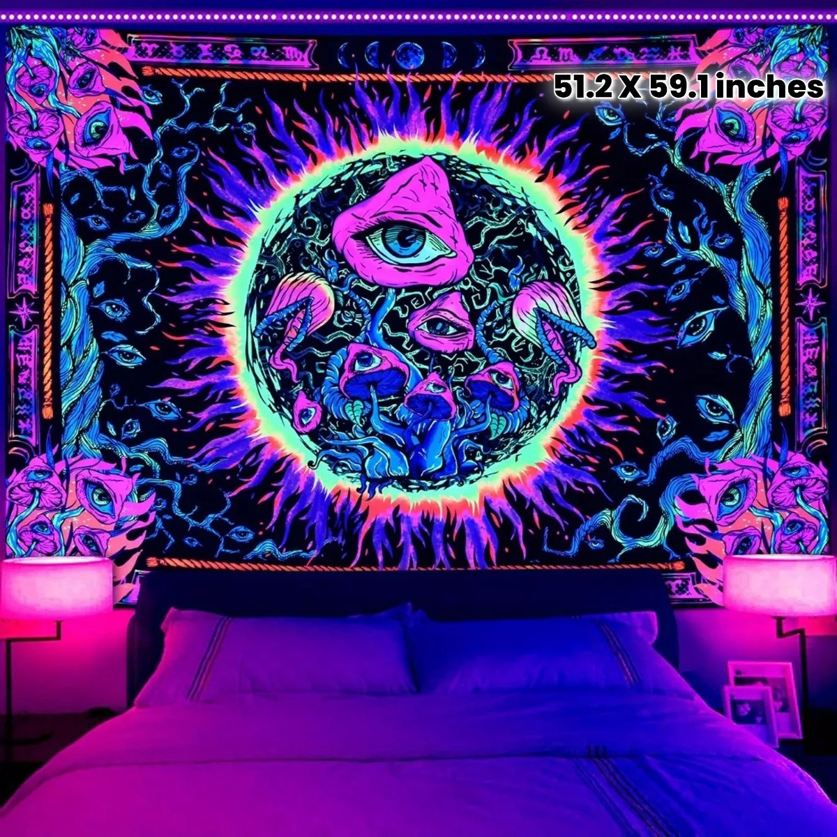 VIKAMA Fluorescent Mushroom Eyes, Sun Mandala Tapestry, Psychedelic Wall Hanging For Home Decor, For Party, Bedroom, Living Room