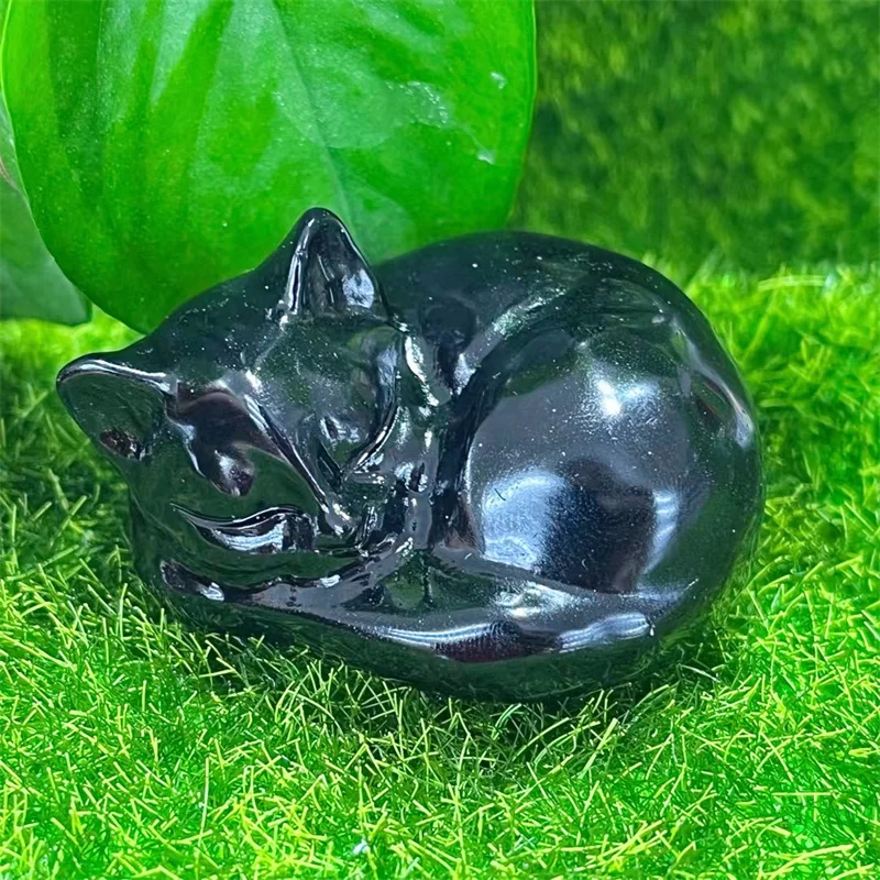 Natural Black Obsidian Sleeping Cat Reiki Home Room Decoration Crystals Quartz Accessories Gemstone Gift 1PCS 5.5CM