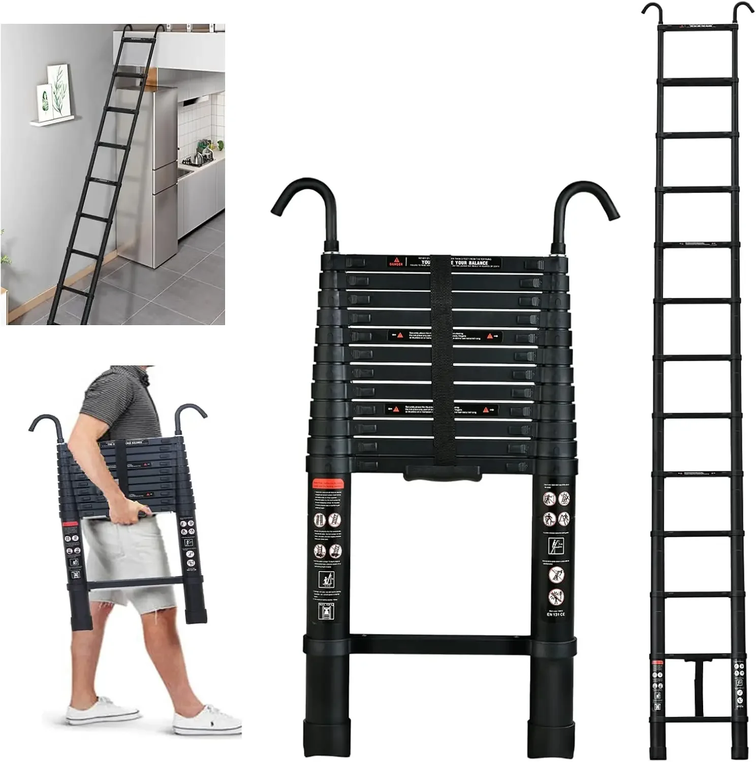 12FT Extension Ladder with 2 Detachable Roof Ladder Hooks 2.8