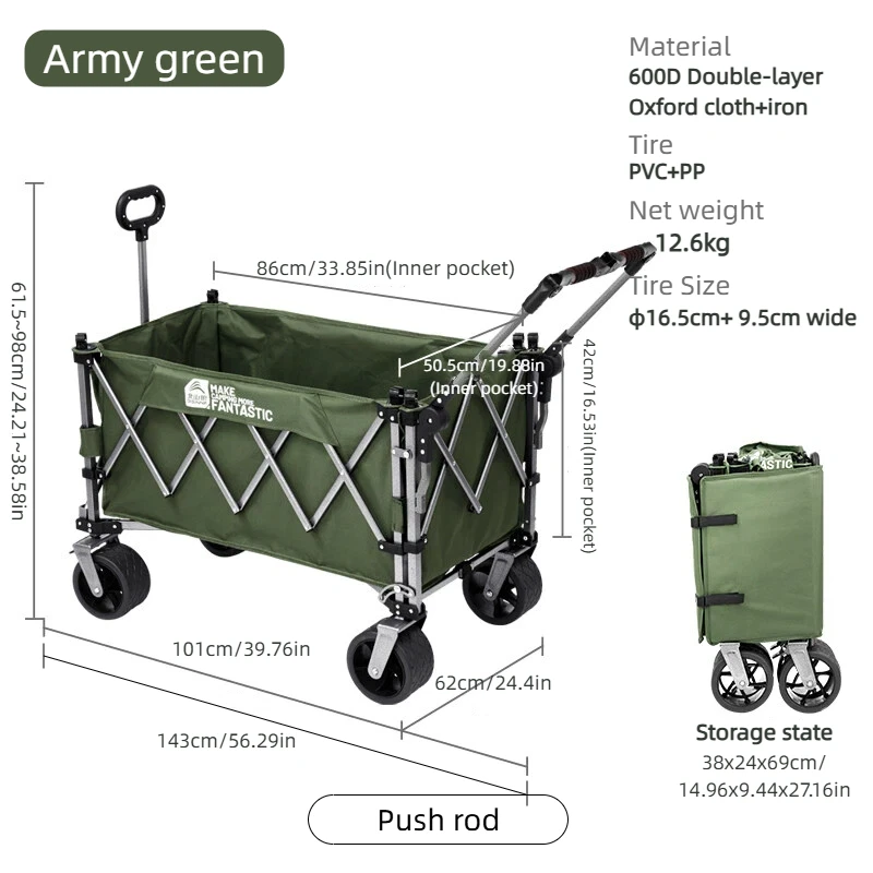 BISINNA Campingwagen Utility Opvouwbare trolley met opening aan de achterkant Draagbare, robuuste terreinwagen voor buitenpicknick op het strand