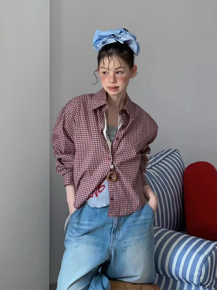 ZHISILAO 新しい格子柄ブラウス女性ヴィンテージカジュアル Y2K 長袖シャツ秋 2025 トップス