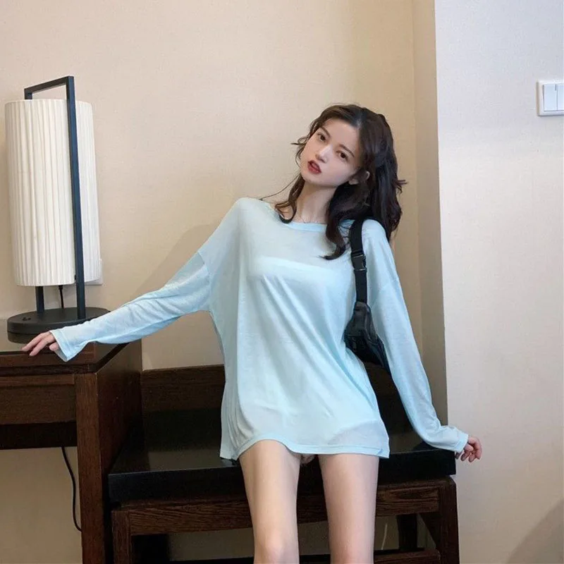 Summer Thin Long Sleeve T Shirt for Women Candy Colors Ice Silk See Through Sun Protection Shirts Woman Loose White Pullover