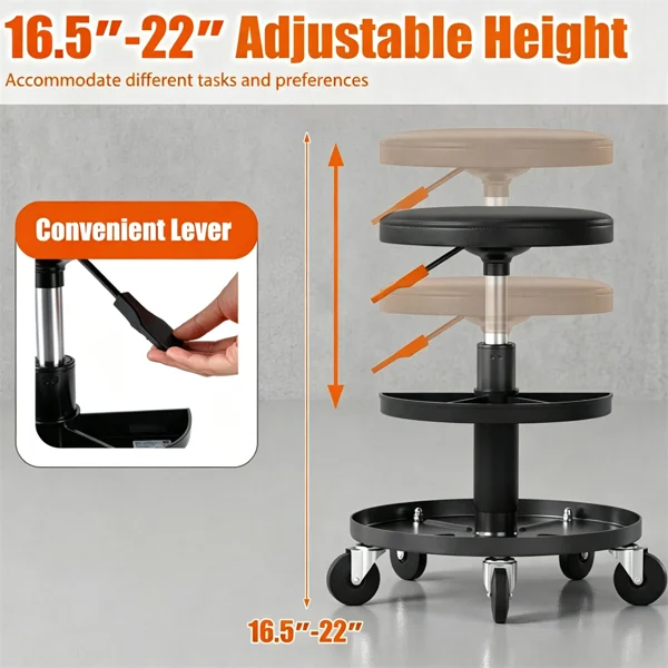 Rolling Mechanic Stool with Wheels, Pneumatic Height Adjustable Garage Shop Seat, Black PU Leather Workshop Creeper Chair with 2-Tier Tool Storage Trays, 5 Casters, 265 lbs Capacity for Auto Repair