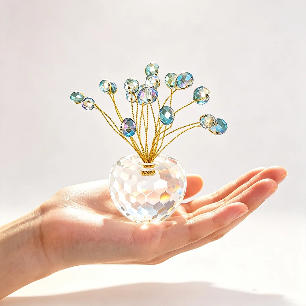Gold AB Crystal Flower Tree Ornament 9.5cm Honeycomb Vase Beaded Wire Bouquet Car Dashboard Desk Decor Suncatcher Feng Shui Gift