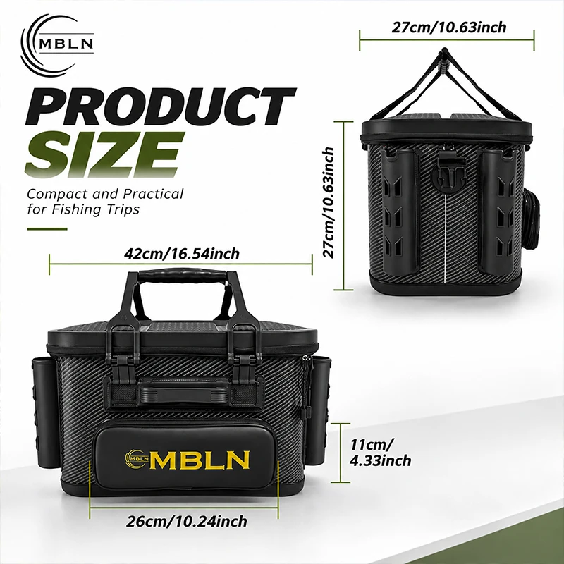 MBLN Angelkoffer mit Reinigungstuch – 70 kg schwerer Hartschalenkoffer, Eimer für lebende Fische, Rutenhalter und Schultergurt. – Detail 7