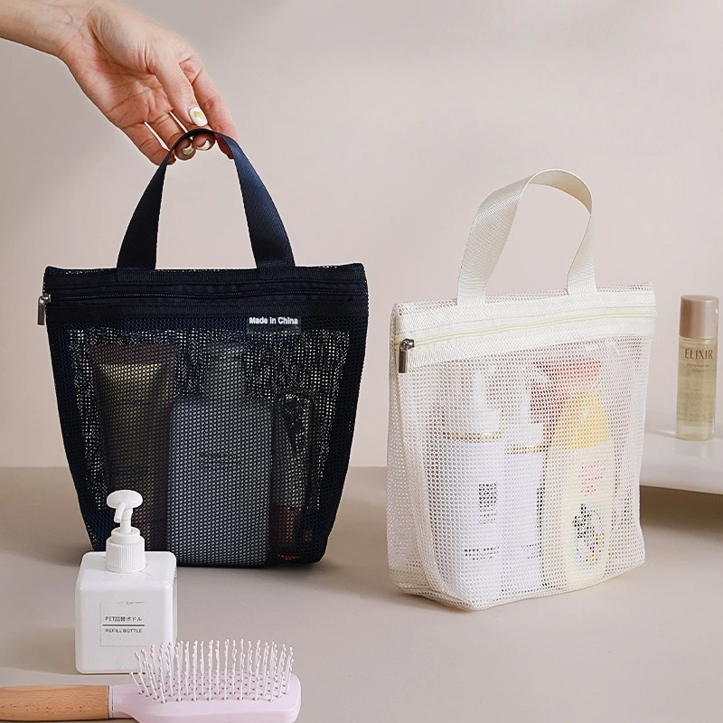Portable Mesh Shower Bag with Handle Zipper Cosmetic Makeup Organizer Bag Travel Wash Bag Bathroom Toiletry Storage Handbag