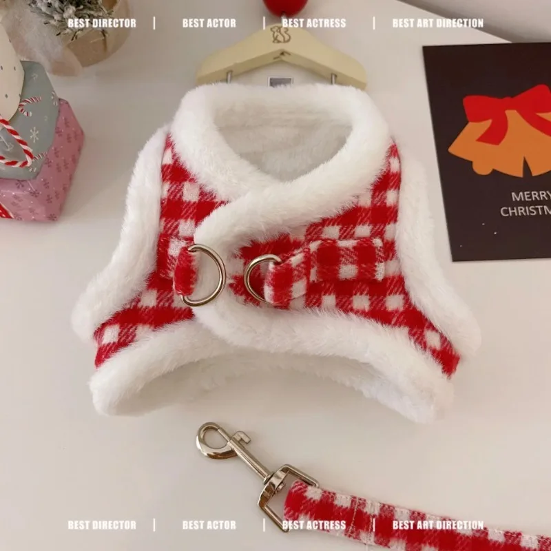 

Red Plush Dog Harness Pet Plaid Traction Set Clothes Dog Cat Vest Harnesses Thick Velvet Winter Teddy Christmas New Year Coat