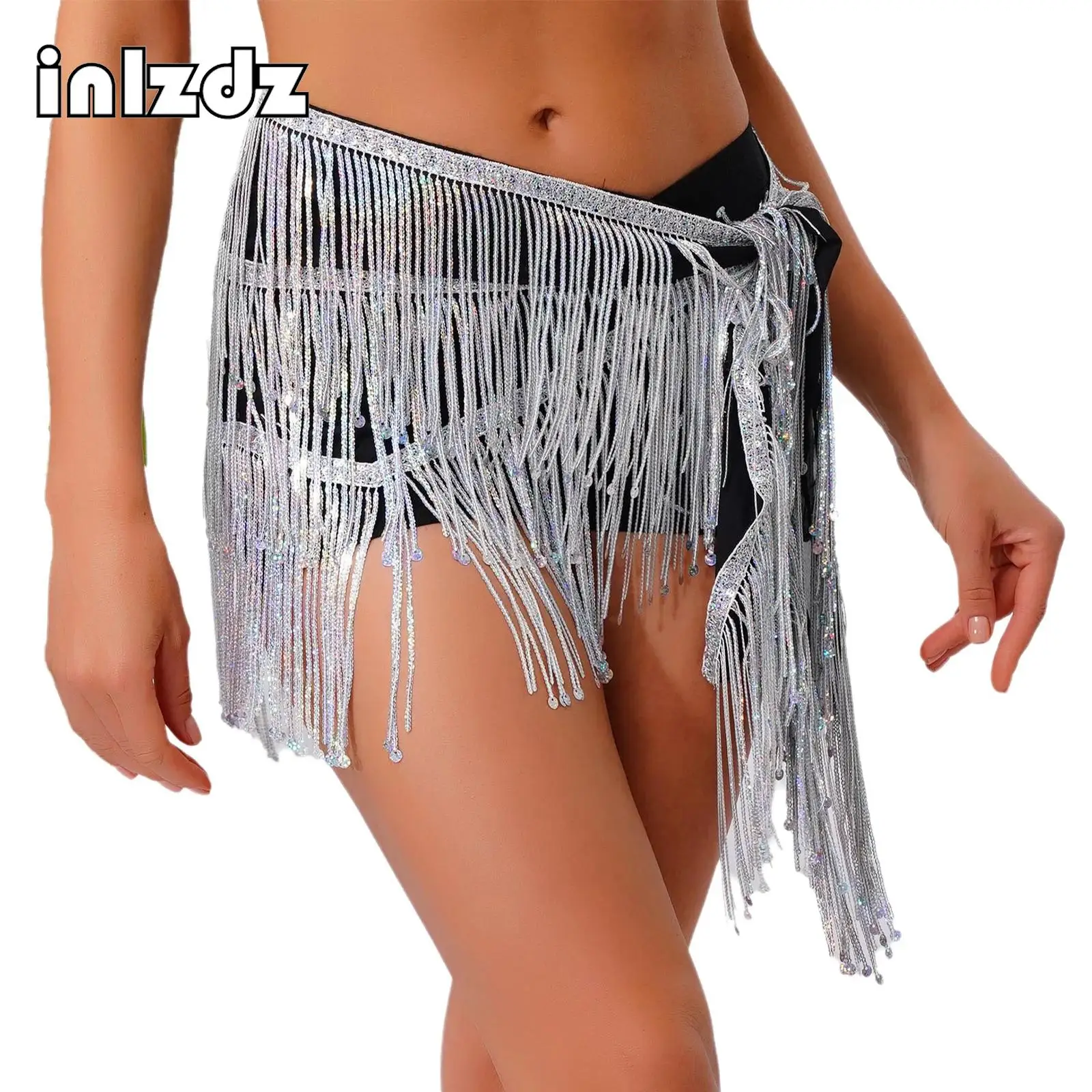 Sciarpa dell'anca di danza del ventre con paillettes scintillanti da donna sexy Sciarpa con nappa lucida con frange Gonna a catena in vita con lacci Danza popolare Costume da ballo latino