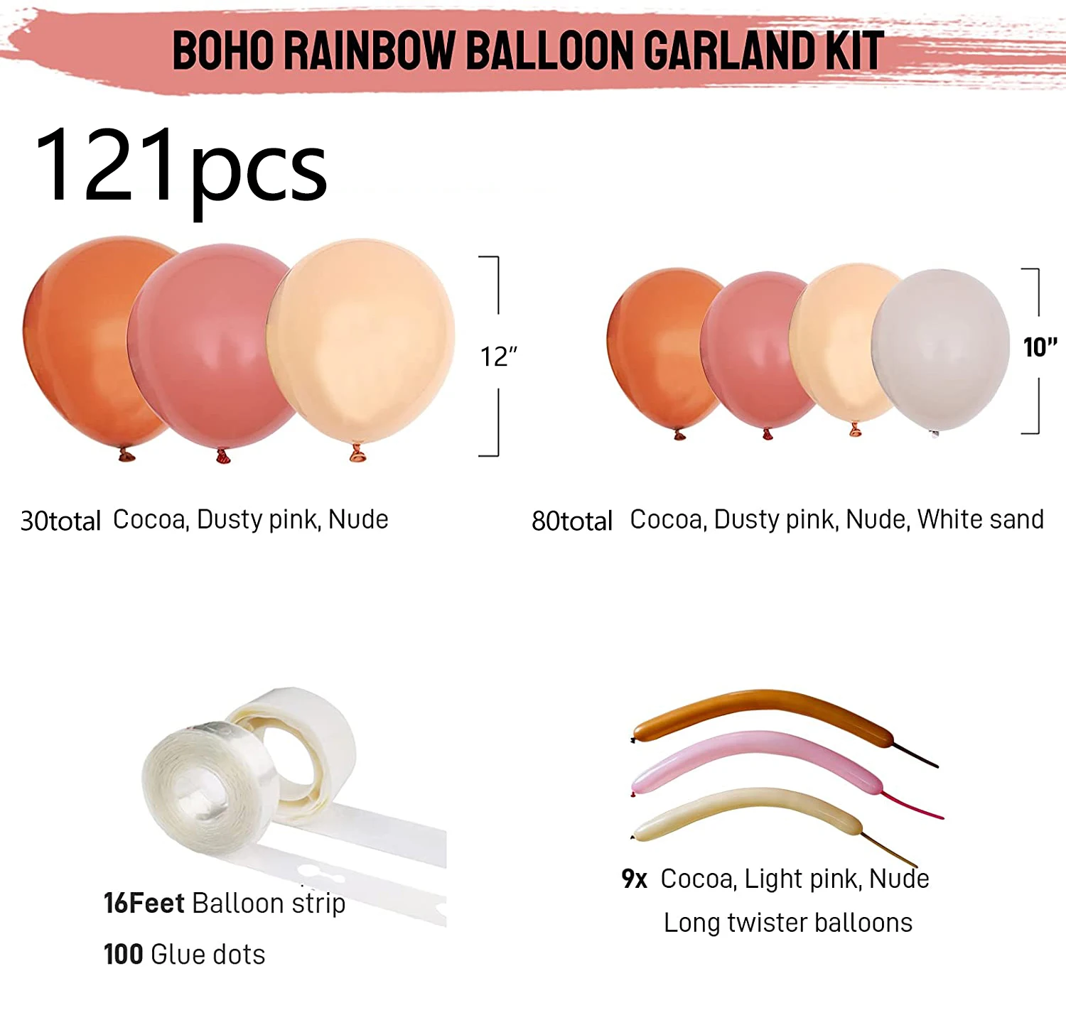 Boho Rainbow Long Twister Balloons Kit Blush Brown Globes for Bohemian Boho Birthday Decor Neutral Baby Shower Party Supplies