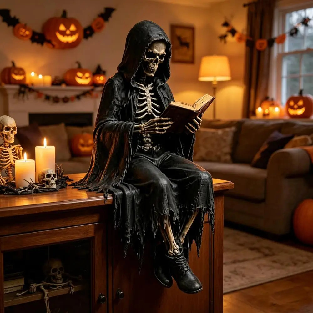 12/16cm Sitting Skeleton Bookend Ornament, Matte Black Dark Hooded Figure For Bookshelf Desktop Study Room Style Home Decor