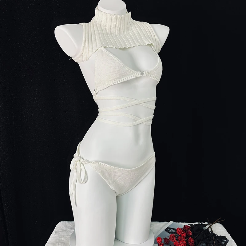 

Sexy Lingerie Gothic Garters Bikini Cosplay Sweater White Hollow Out Temptation Lingerie Women Bodysuit Socks Suit Party Uniform