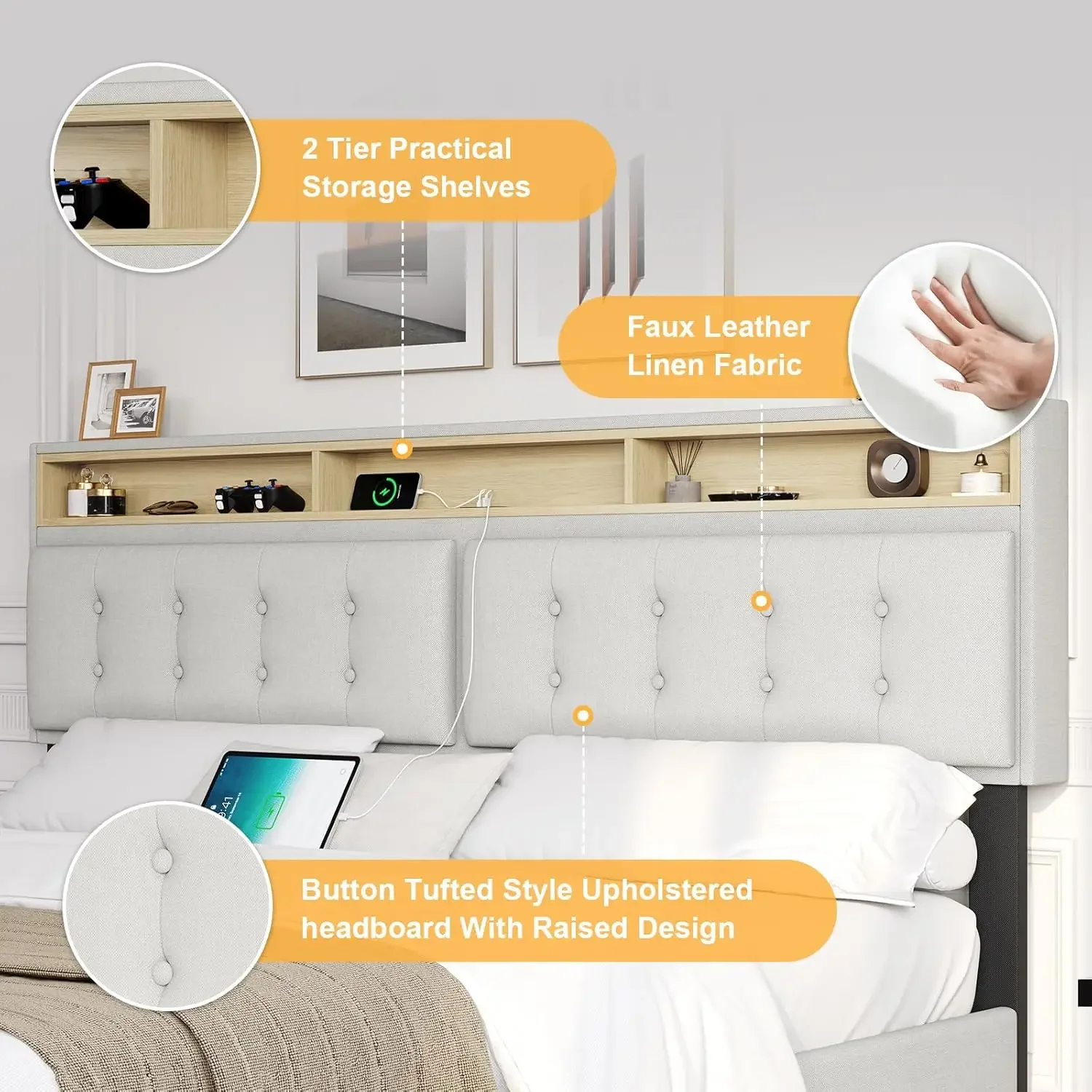 King Floating Bed Frame with Led Lights and Charging Station Modern King Size Visual Floating Platform Bed with Storage Headboar