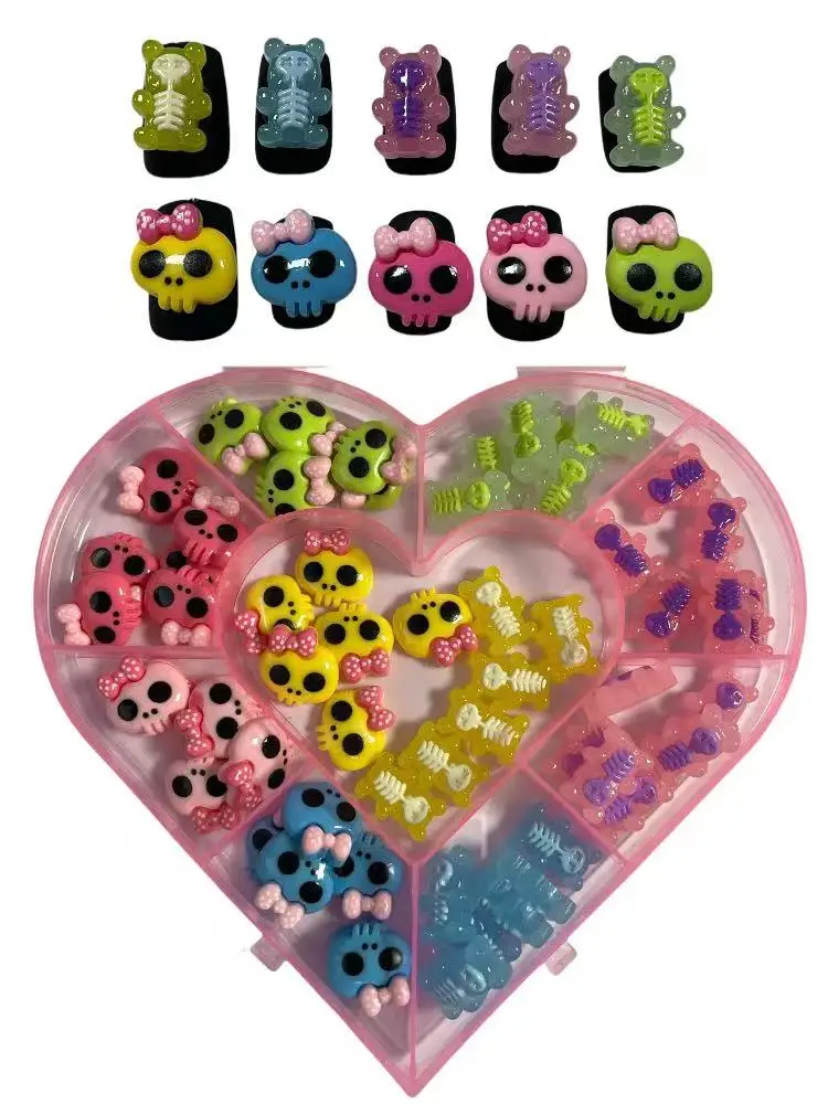 

60Pcs Cute Pink Skull Girl Bow Scream Heart Large XXXL Long Nail Art Decoration Accessories Halloween Junk IPhone Case Charms