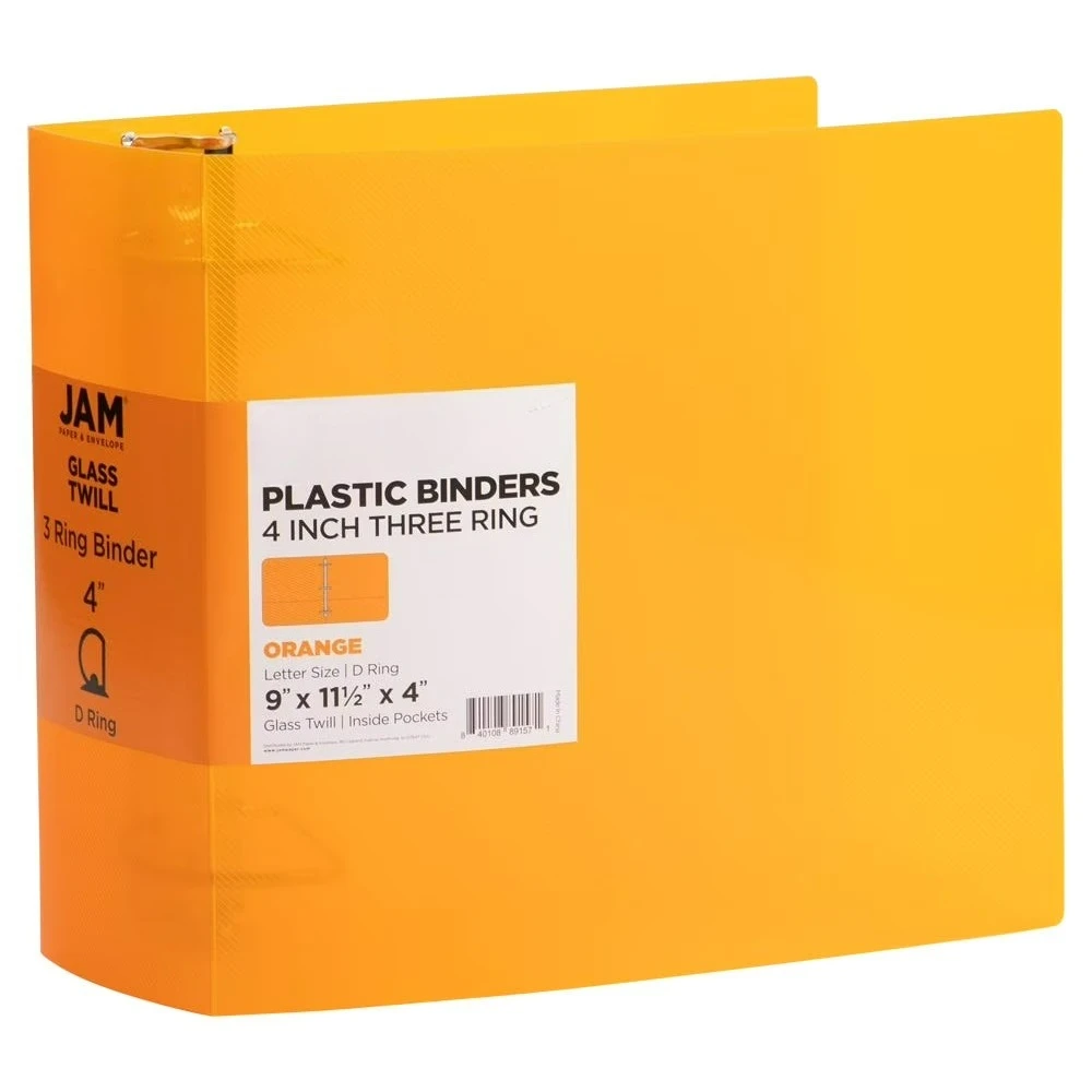 

Paper Plastic 4 inch Binder, 3 Metal Ring, Orange, 1/Pack