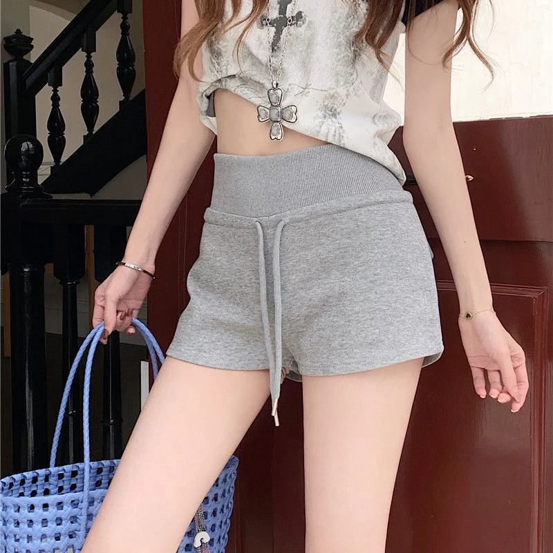 

Женские шорты с высокой талией и завязками на бедрах, летние повседневные брюки, тонкие повседневные серые однотонные спортивные штаны, прямые шорты для женщин