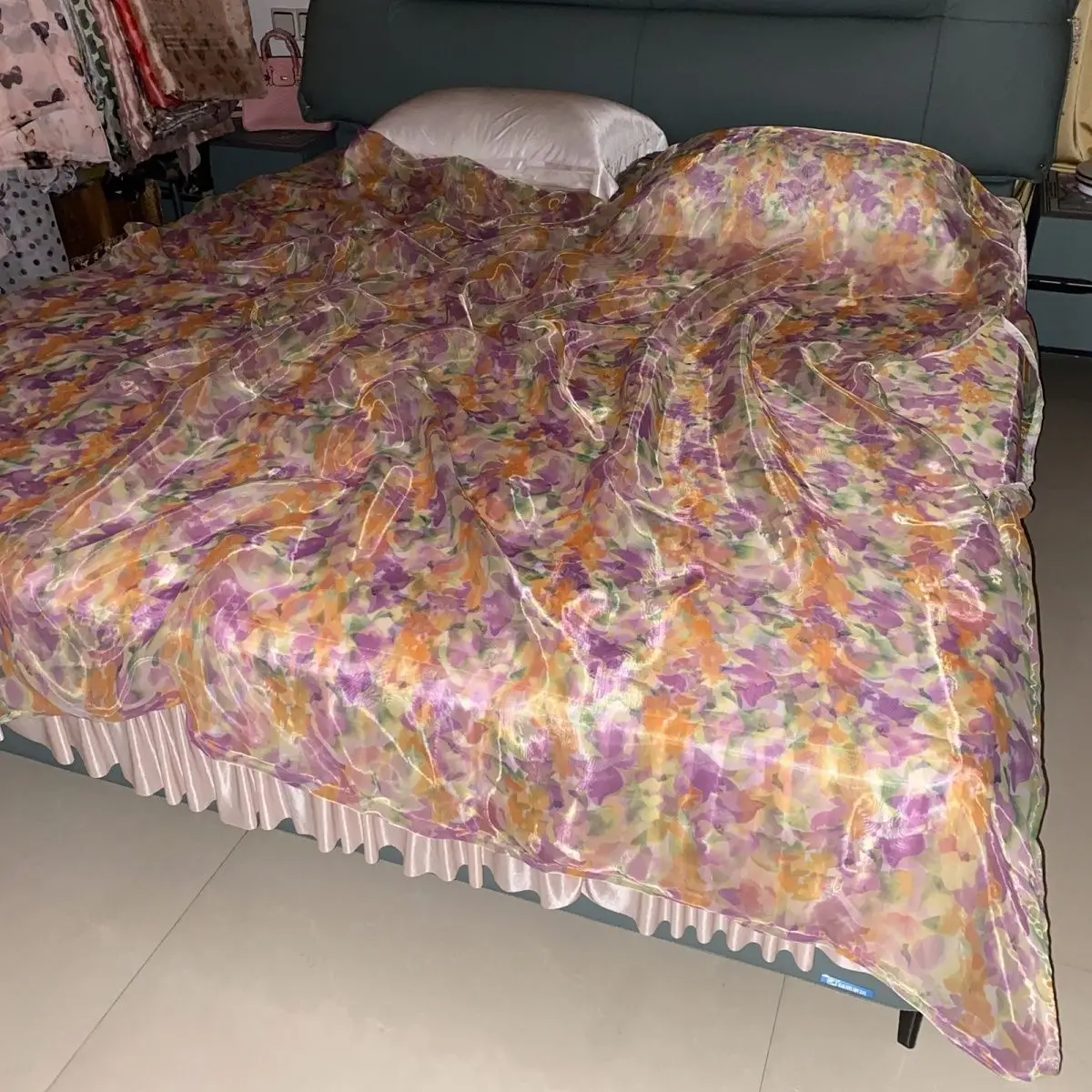 

No Pillow Cover 90.6*78.7in Glossy liquid water gauze organza cover with zipper Floral print ice cool bedspread home bedding
