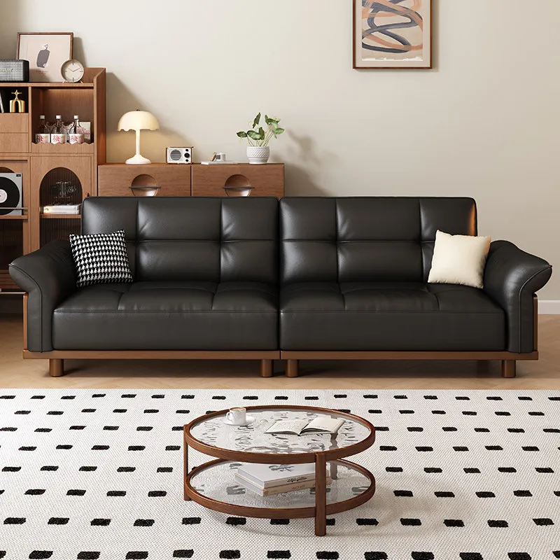 

PYJ medieval solid wood narrow sofa wide black living room leather sofa
