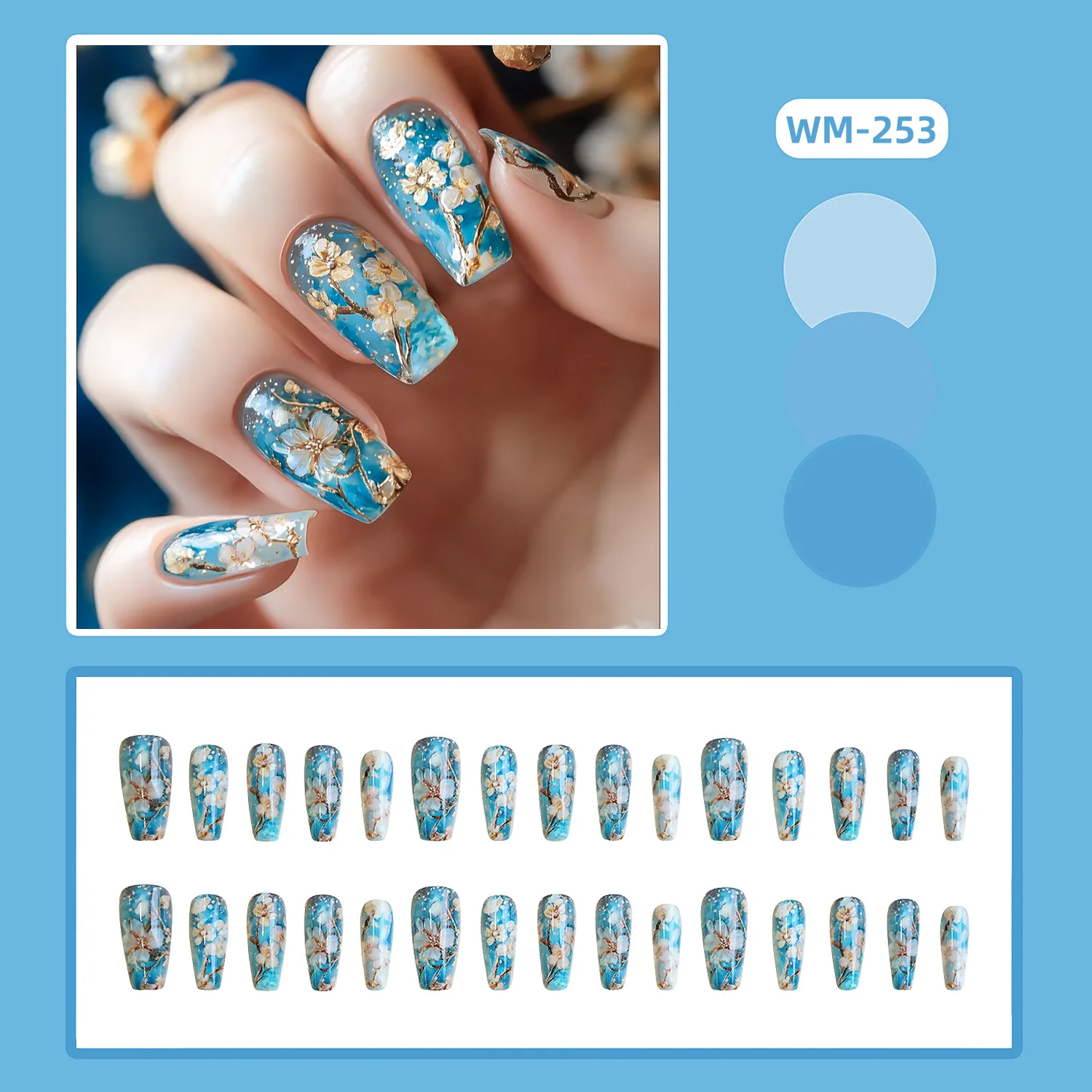 24pcs New Chinese Style Press On Nails Glossy Blue Medium Coffin Fake Nail With Orange Apricot Blossom Pattern Design False Nail