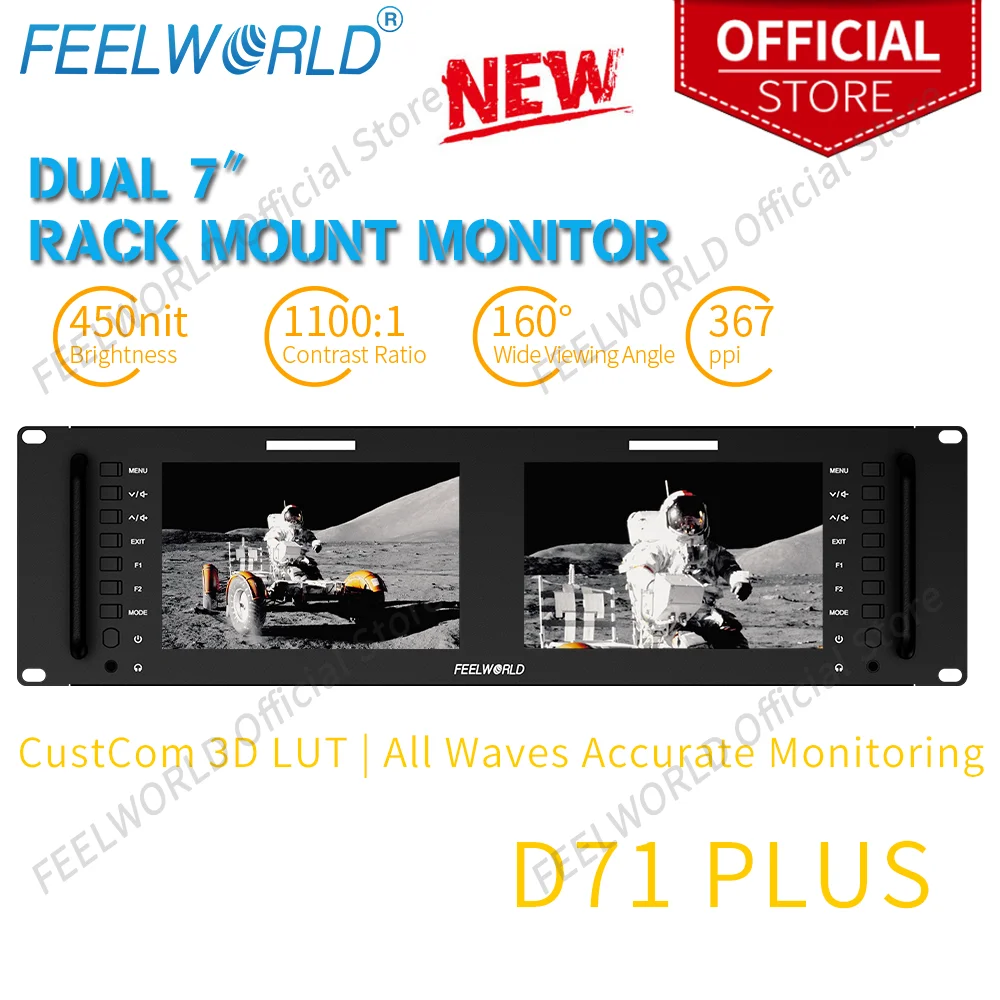 FEELWORLD D71 PLUS-H Dual 7 Inch Full HD LCD Panel 1920x1200 3RU SDI HDMI Rack Mount Monitor IPS with Accurate Waveform 3D LUT