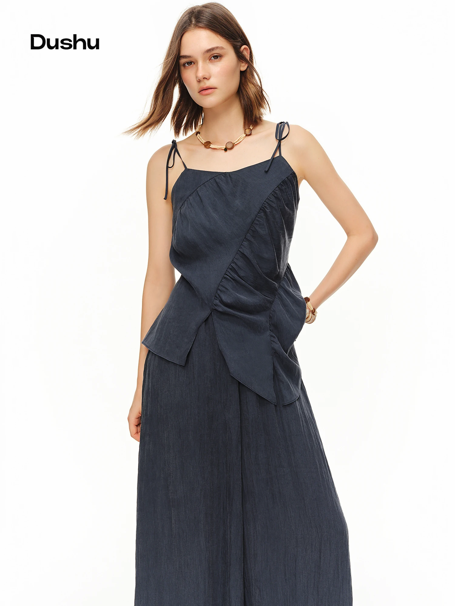 

DUSHU 2026 Summer Women Shirred Camisole Trousers Two Piece Set Drawstring Relaxed Fit Lounge Co-ord Beach Casual Vacation Style